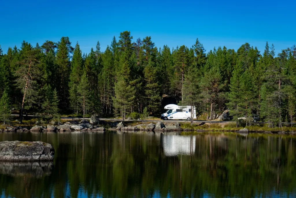 Camper by a lake at the edge of a pine forest
