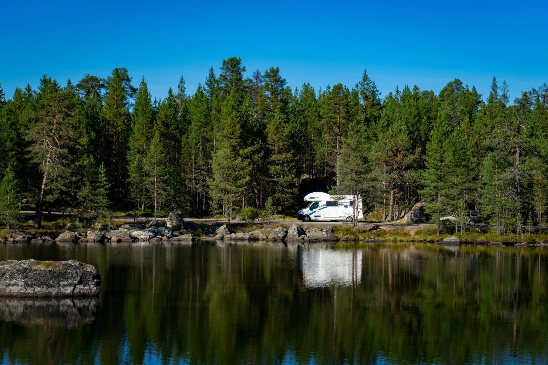 Camper by a lake at the edge of a pine forest